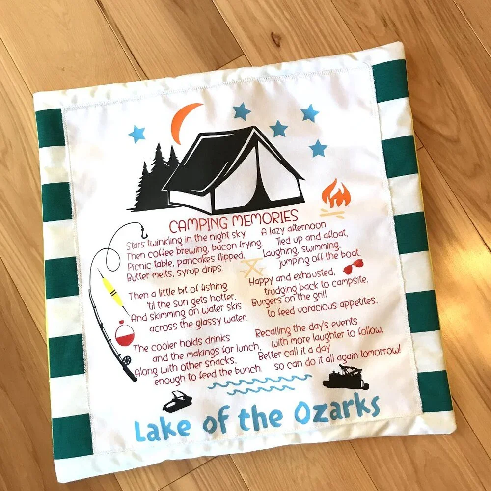 Fishing Boating Pillow Cover: Lake of Ozarks Tent Camping Lakehouse Decor, 18x18